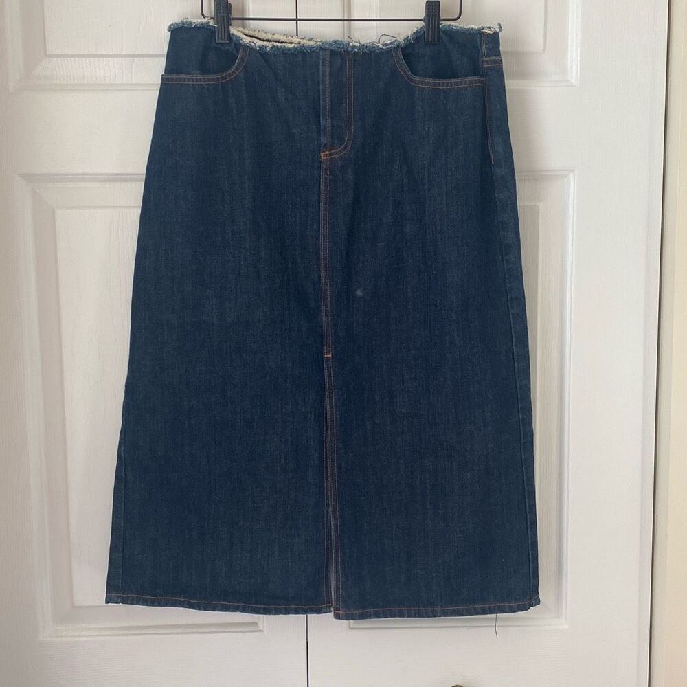 J. Crew‎ Denim Pencil Skirt Women Size 10P Blue Long Double Slit Frayed